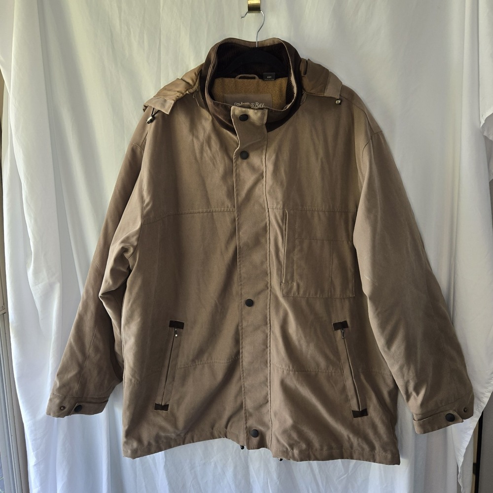 St Johns Bay Chore Jacket Mens XXL Khaki Canvas Lined Zip Off Hood Barn Commuter